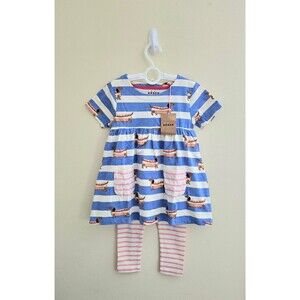 NWOT Mini Boden Jersey Hotchpotch Tunic & Leggings Set-Surf Blue Hot Dog
